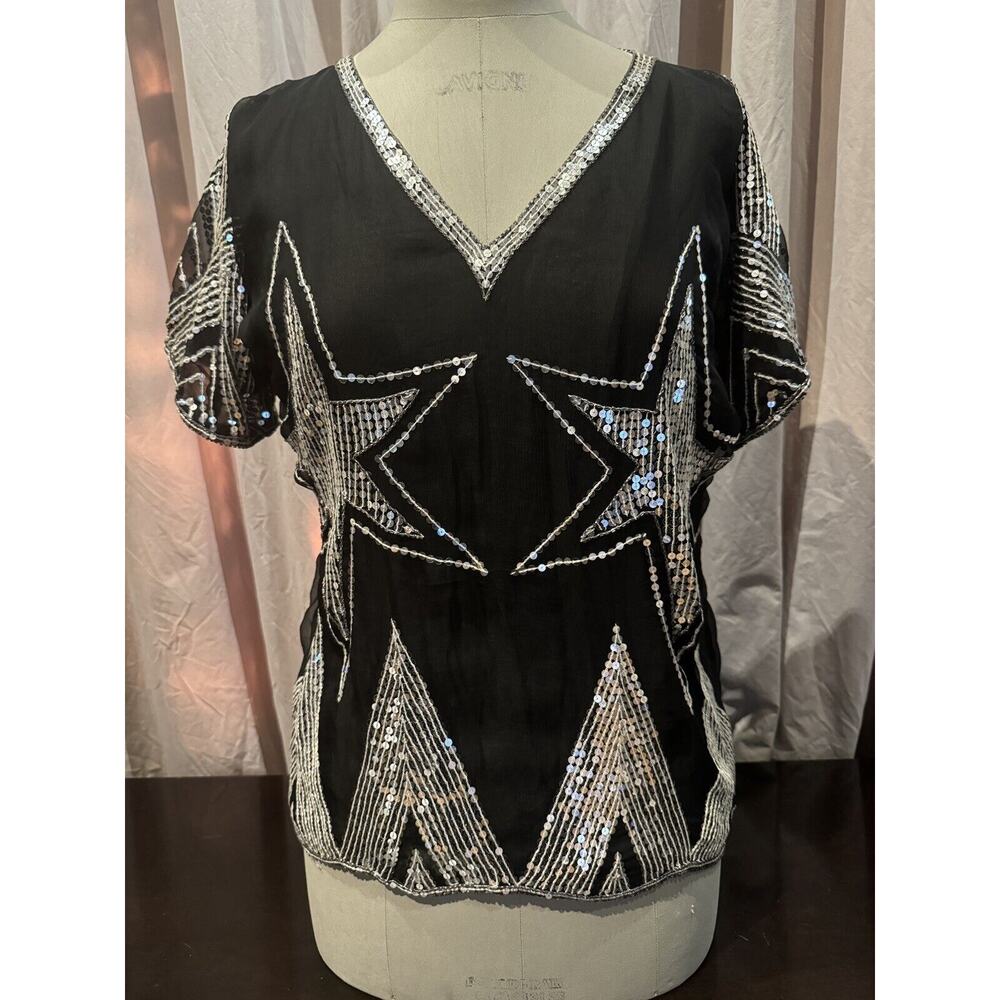 Vintage Silk Disco Deco Star Swee Lo Sequin Top M
